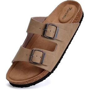 Torotto Womens Slides with Cork Footbed Open Toe Adjustable Webbing Flat Sandals for Walking | Beach | Indoor
