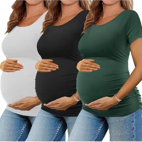 KIM S Maternity Shirts, 3 Packs Maternity Shirt Side Ruched Maternity Tops Casual Pregnancy Maternity-Clothes