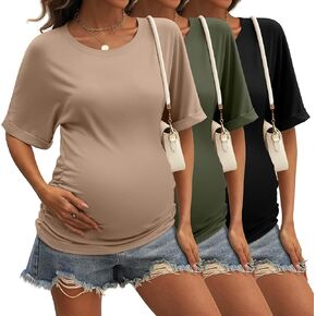 Ficerd 3 Pack Womens Maternity Cotton Shirts, Half Sleeve Side Ruched Tops Crew Neck Tunic Summer Casual Pregnancy Tops