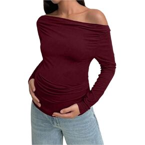 Women's Off The Shoulder Maternity Tops Long Sleeve Slim Fit Ruched Stretchy T Shirts Pregnancy Tees