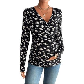 OYOANGLE Women's Maternity Floral Print Wrap V Neck Long Sleeve T Shirt Tie Side Slim Fit Tee Shirts Tops