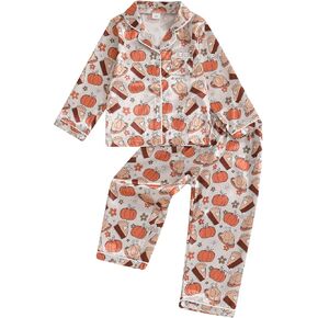 Kids Girls Pajamas Short/Long Sleeve Pumpkin & Turkey Print Button Down Bants Satin Pajamas (T Turkey & Pumpkin ، 2-3 Years)