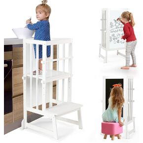 3 Height Adjustable Kids Step Stool, A-Shaped Structure Kids Standing Tower, Wooden Toddler Tower, Kids Standing Tower Aged 18-36 Months,with Safe Fences,Anti-Slip Pads Suit in Kitchen/Bathroom,White