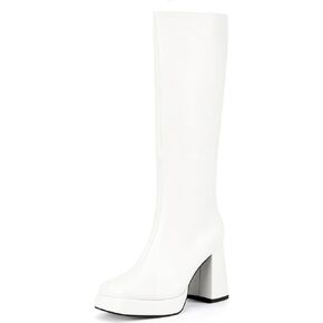 IDIFU IN4 Knee High Boots Women Platform Boots Tall High Long Square Toe Chunky Gogo Block Heel Boots Fall Dress Comfortable Fashion Cute Sexy Dance Booties for Women Zipper Heeled Boots