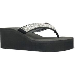 REDVOLUTION New Women's Rhinestone Sandals High | Low Platform T-Strap Jewel Sandals High Wedge Flip Flops