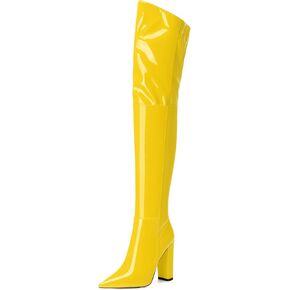 MERRORI Women's Thigh High Boots Pointed Toe 4.3-Inch Chunky Heel Over The Knee Boots Patent Sexy Fashion Side Zipper High Heel Boots