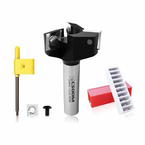 CSOOM CNC Spoilboard Surfacing Router Bit，1/2" Shank，3 Wings，1-15/32" Cutting Diameter with Extra 10PCS Replacements Carbide Inserts ，Professional Woodworking Tools for Plywood , Solid Wood, etc