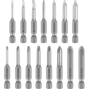 15 Piece Slotted Phillips Triangle Screwdriver Bit Set, 1/4 Inch Hex Shank S2 Steel Magnetic 2 Inch Long Drill Bits