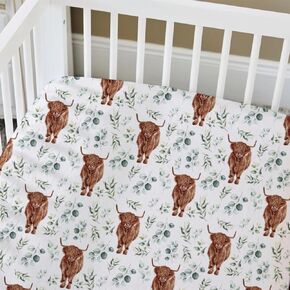 HawSkgFub Highland Cow Eucalyptus Leaf Fitted Standard Crib Sheet for Baby Boy Girl, Neutral Western Farm Animal Yak Toddler Mattress Cover, Soft Stretchy Nursery Bed Sheets Decor Kids Gift 52" x 28"
