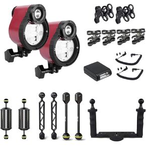 Seafrogs ST-100 PRO Lighting Strobe Kit. Includes 2X ST-100 Pro Strobe, 2X Float Balls, 4X Extension Bars, 2X Optical Fiber Cable, 1x Aluminium Tray for SeaFrogs housing with Fiber Optic Port