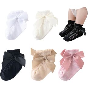 Baby Girls' Socks - Toddler Ankle Socks, Infant Princess Bow Mesh, Breathable Casual Lace, 5 Pairs