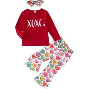 Toddler Baby Girls Valentine's Day Outfits XOXO Long Sleeve Shirts+Love Conversation Heart Pants Set with Headband