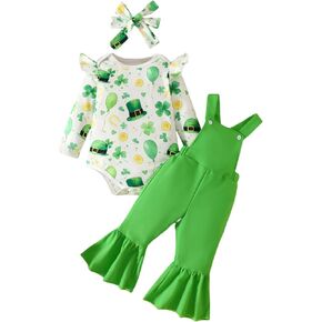 Toddler Baby Girls Valentine's Day Outfits Love Heart Print Romper Red Overalls Bell-Bottom Pants Headband 3Pcs