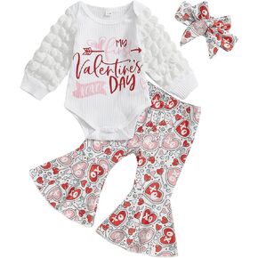 Karuedoo Newborn Baby Girl Valentines Day Outfit Letter Print Puff Sleeve Romper Heart Bell Bottom Pants Headband 3Pcs Set