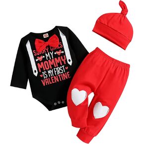 My First Valentine's Day Outfits for Infant Baby Boy Long Sleeve Romper Bodysuit Heart Letter Trousers Hat Set