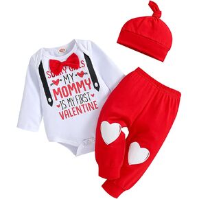 My First Valentine's Day Outfits for Infant Baby Boy Long Sleeve Romper Bodysuit Heart Letter Trousers Hat Set in Kuwait