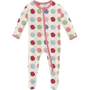 KicKee Print Footie with Zipper, Fitted Long Sleeve Pajamas, Ultra Soft Everyday One-Piece Loungewear, 90s (Lula's Lollipops - 0-3 Months)