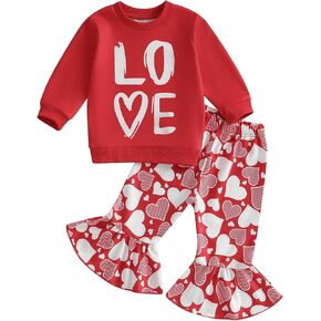 Madjtlqy Toddler Baby Girl Valentine's Day Outfit Long Sleeve Letters Print Sweatshirt + Heart Print Flare Pants Bell Bottoms