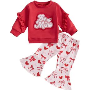 Toddler Girl Valentine’s Day Outfits XOXO Letter Print Ruffle Sleeve Sweatshirt+Flare Pants Set Spring Heart Clothes
