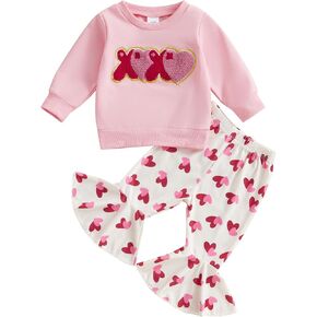 Toddler Baby Girl Valentines Day Outfit Crewneck Sweatshirt Bell Bottom Pants Valentine’s Day Clothes