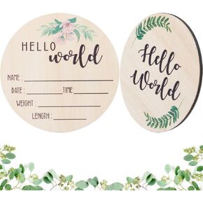 Baby Announcement Sign for Newborn Birth: Wooden Hello World Name Sign for Hospital - Round Floral Welcome Baby Board for New Boy and Girl Gifts