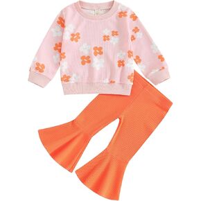 DSORVICD Toddler Girl Fall Clothes Floral Knit Crewneck Sweatshirts Flare Pants Set Bell-Bottoms Outfits