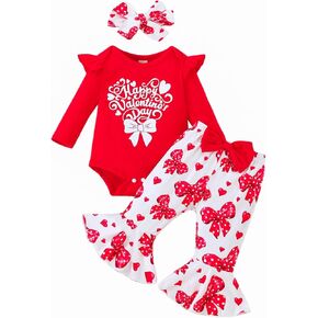 Baby Girl My First Valentine's Day Clothes Long Sleeve Ruffle Love Heart Print Romper+Flared Pants 3Pcs Outfit