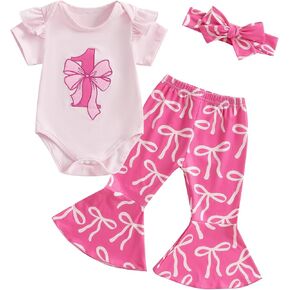 3Pcs Baby Girl 1st Birthday Outfit Bow Ruffle Short Sleeve Romper T-Shirt Bell Bottom Pants Summer Clothes Set