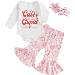 Newborn Baby Girl Valentines Day Outfit Letter Print Long Sleeve Romper Heart Flare Pants Headband Clothes Set