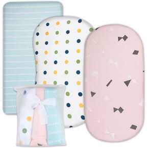 MOEMOE BABY Bassinet Sheet, Soft Breathable Elastic Bassinet Mattress Cover, Fit for Rectangle, Oval, or Hourglass Bassinet Pad/Mattress Sheet, for Baby Boys and Girls 3 Packs