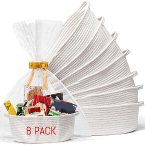 8 Pack Small Woven Basket with Gift Bags and Ribbons, All 12"x 8"x 5", Empty Decorative Gift Chest Box, Cute Baby Gift Basket for Nursery, Cotton Rope Room Shelf Storage Basket with Handles, White