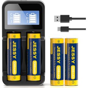 JESSY 4 Pack 18650 Rechargeable Batteries Charger Set, Flat Top 3300mAh 3.7 Volt Lithium Battery for Headlamps,Led Flashlights, Outdoor Garden Lights etc
