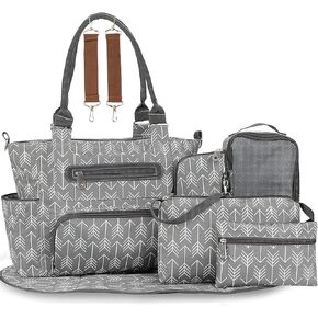 8PCS Diaper Bag Tote Set, Multifunctional Diaper Changing Bags, Bottle Bag Mesh Bag Purse Diaper Pad Pacifiers Bag 2 Hook Straps for Mom-Darkgray
