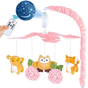Baby Crib Mobile with Music and Lights, Mobile for Crib with Remote Control, Rotation, Starlight Projection, Crib Toys for Babies Boys Girls Pink