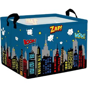Clastyle 36L Large City Skyline Blue Book Shelf Basket Hero Comic Zap Wow Boom Gift Basket for Kids Room Nursery Rectangle Building Silhouettes Toy Clothes Storage Bin