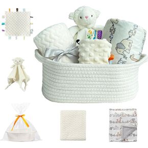 CREVENT Baby Welcome Gift Set Storage Basket with Two Blankets+ A Security Blanket + A Taggie + A Gift Bag with Ribbon (Grey)