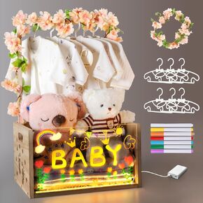 Baby Shower Crate Closet Wooden Baby Shower Basket for Newborn Boys Girls Distinctive Baby Storage Basket with Light Up Acrylic Board Welcome Baby Gift for New Parents (Burlywood)