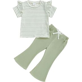 Toddler Baby Girl Summer Clothes Striped Ruffles Short Sleeve T-Shirt Top Elastic Flare Pants Infant Spring Clothes