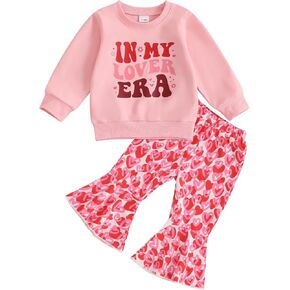 Toddler Baby Girl Valentine's Day Outfit Letter Print Long Sleeve Sweatshirt Heart Flare Pants Set 2Pcs Infant Clothes