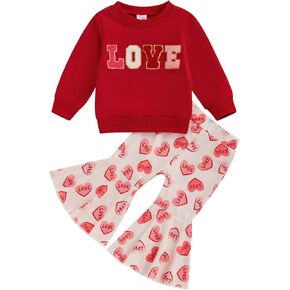 Toddler Girl Valentine's Day Outfits Bow Heart Long Sleeve Sweatshirt Bell Bottom Pants Set Cute 2 Piece Clothes