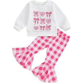 Toddler Girl Valentine's Day Outfits Bow Heart Long Sleeve Sweatshirt Bell Bottom Pants Set Cute 2 Piece Clothes