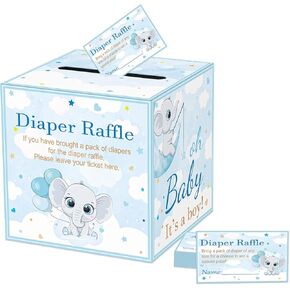 QISOLIY 50 Pieces Diaper Raffle Tickets with Box Baby Shower Game Invitations Diaper Raffle Cards Diaper Raffle Box Set for Baby Shower Gender Reveal Party Supplies Card Box (Baby Elephant)