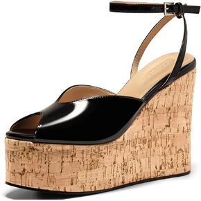 Coutgo Womens Platform Wedge Sandals Cork Dressy Peep Toe Ankle Buckle Strap High Heels Summer Shoes