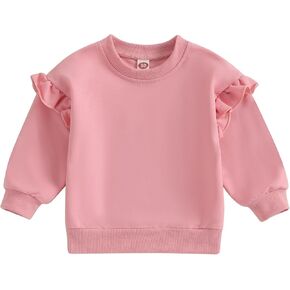 Gueuusu Kids Toddler Baby Girls Crewneck Sweatshirt Ruffles Solid Color Long Sleeve Pullover Cute Fall Winter Blouse Tops