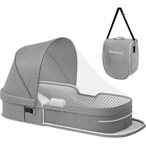 Baby Travel Bassinet Portable Bassinets Infant Co-Sleeping Bed with Mosquito Net and Canopy Lightweight Travel Pod Infant Travel Bed Grey