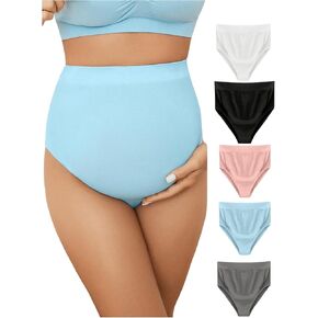 OYOANGLE Women's Maternity 5 Pack Panties Set Pregnancy High Rise Seamless Solid Comfy Underwear