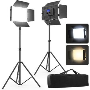 2 Pack Led Video Light Panel Kit with Barn Doors, 8000mAh Rechargeable Camera Light with 79'' Tripod Stand, Photo Light for Outdoor Indoor Photography Live Streaming Video Recording