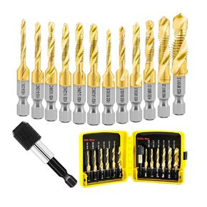 Combination Drill Tap Bit Set - 13pcs SAE (6-32NC to 1/4-20NC) and Metric (M3 to M10) with Quick Change Hex Shank for Drilling Tapping and countersinking Iron Aluminium Copper Metal