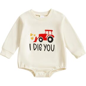 Baby Boys Girls Valentines Day Outfit My 1st Valentines Day Newborn Clothes I DIG YOU Letter Print Tractor Rompers