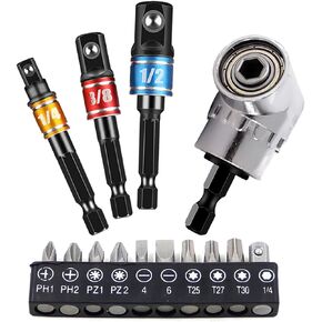KAFENDA 105 Degree Right Angle Screwdriver Drill Adapter （Short） 3Pcs 1/4 3/8 1/2" Universal Socket Adapter Set Hex Shank Bit Square Power Drill Sockets 10 Pcs Bit (SET C)